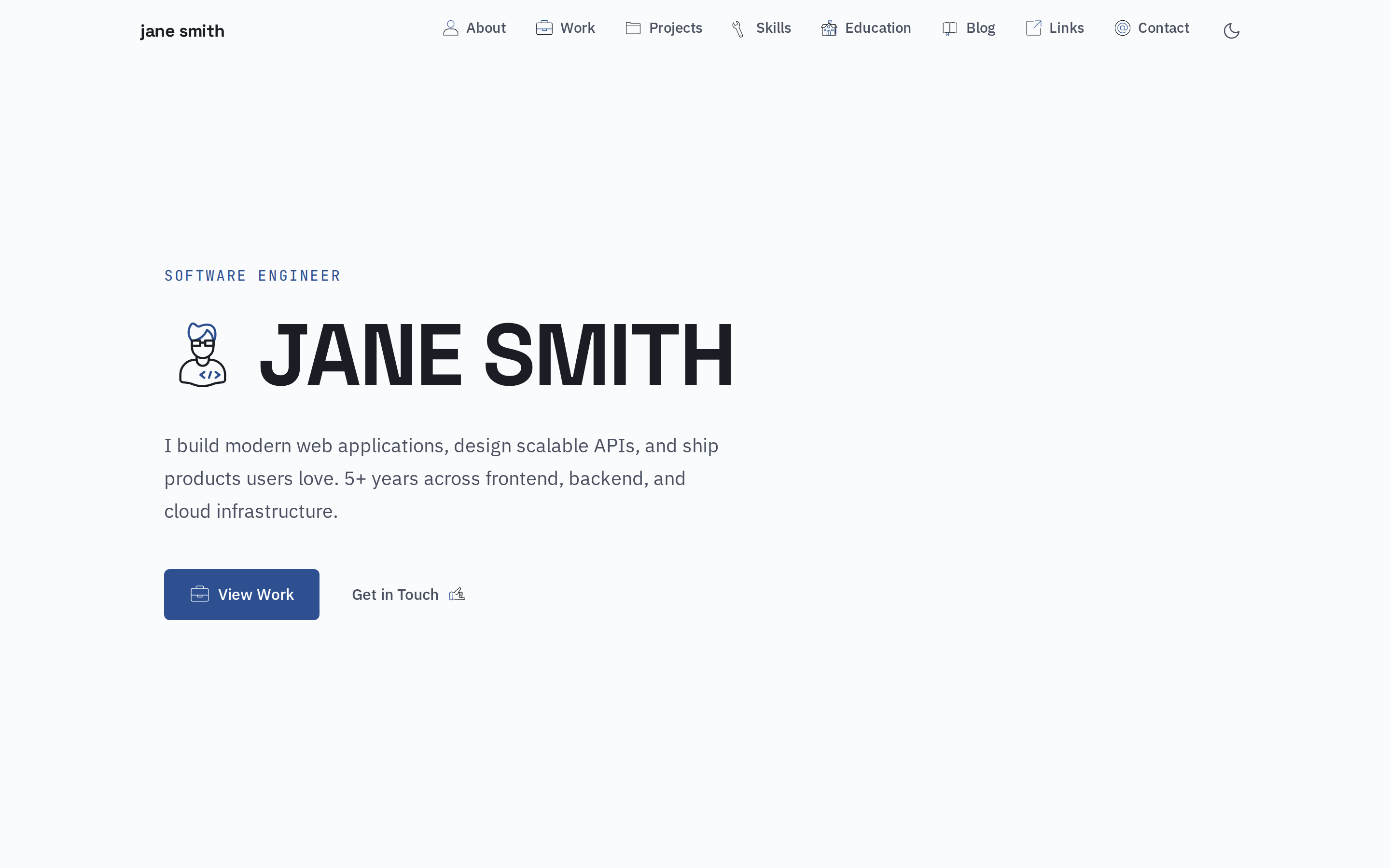 The portfolio home page in light mode